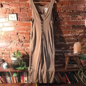 Vintage 90’s minimalist tan rayon front lace up ankle dress, sz M